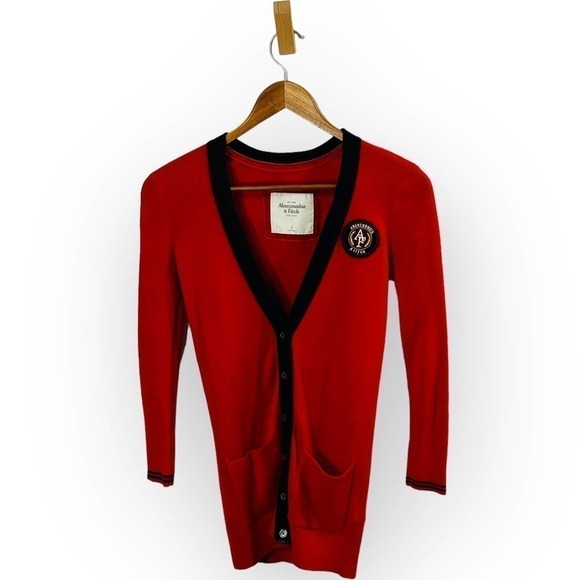 Abercrombie Cardigan Sweater Red V Neck Logo Patch Preppy Knit Small - Picture 3 of 11